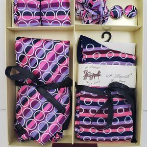 Purple Pink Necktie Sock Flower Hanky Cufflink Set